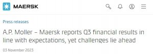 馬士基2023年第三季度財報發(fā)布 營收121.3億美元 同比下降4.4%-物流之家