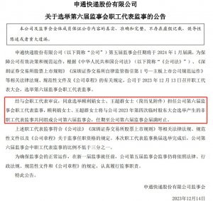 申通快遞:選舉顧利娟、王超群為第六屆監(jiān)事會(huì)職工代表監(jiān)事-物流之家