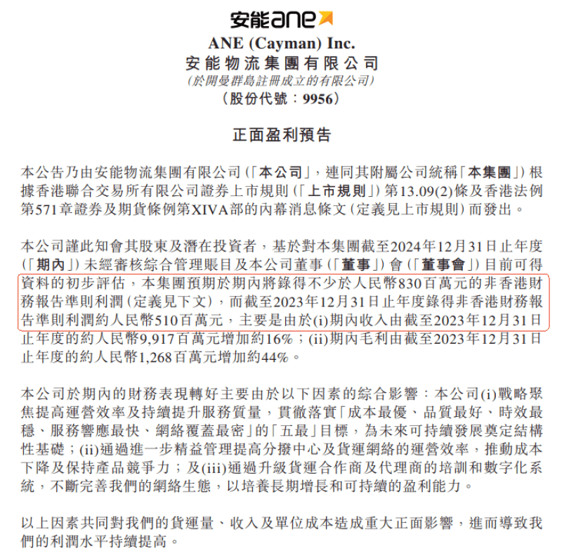 安能物流:預(yù)計(jì)2024年度經(jīng)調(diào)利潤不少于8.3億元-物流之家